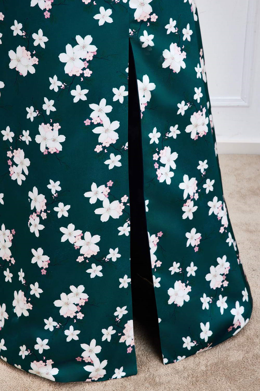 Green Floral Prints A-line Long Bridesmaid Dress with Slit