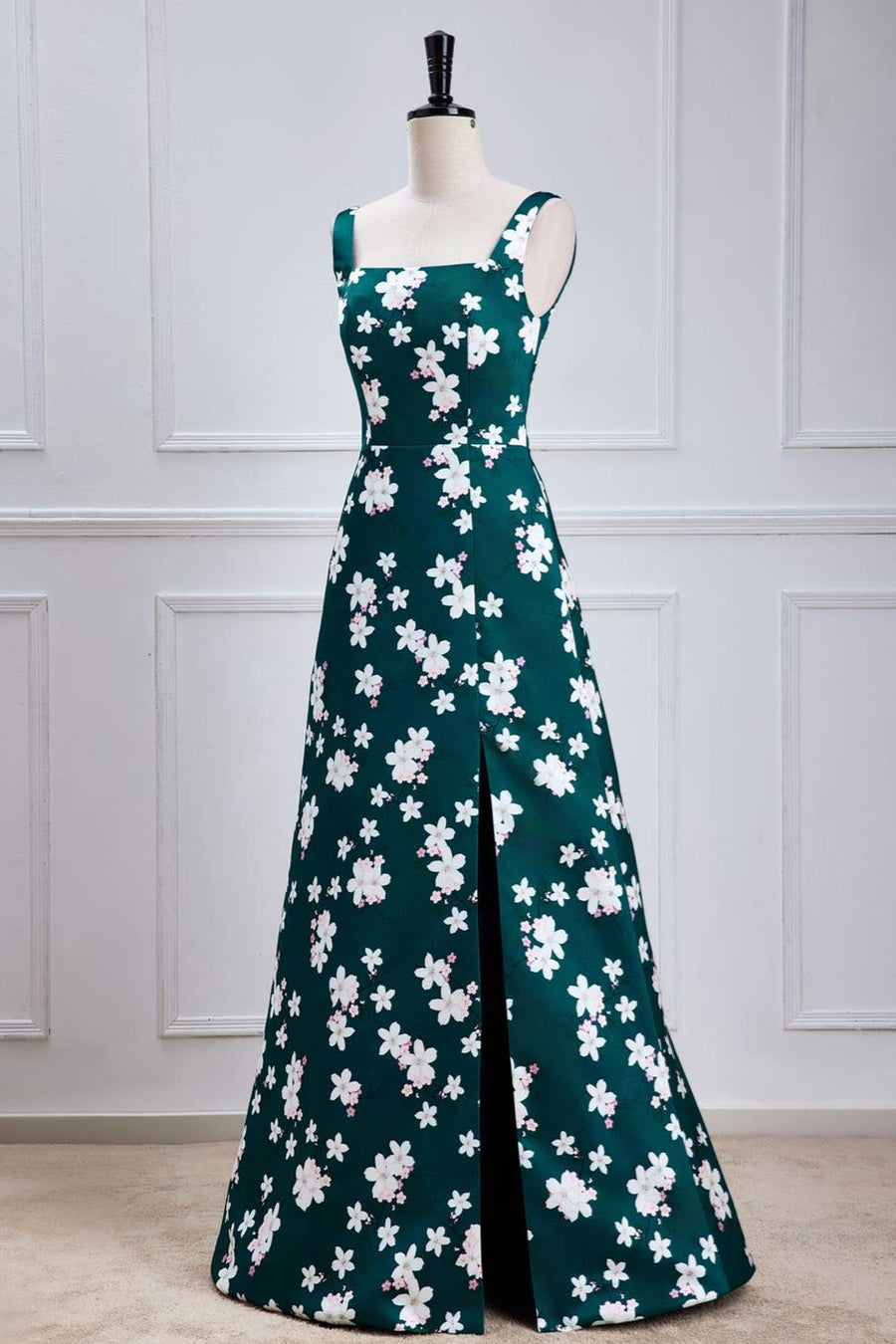 Green Floral Prints A-line Long Bridesmaid Dress with Slit Green / US 2 Green Floral Prints A-line Long Bridesmaid Dress with Slit Green / US 2