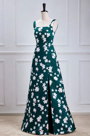 Green Floral Prints A-line Long Bridesmaid Dress with Slit