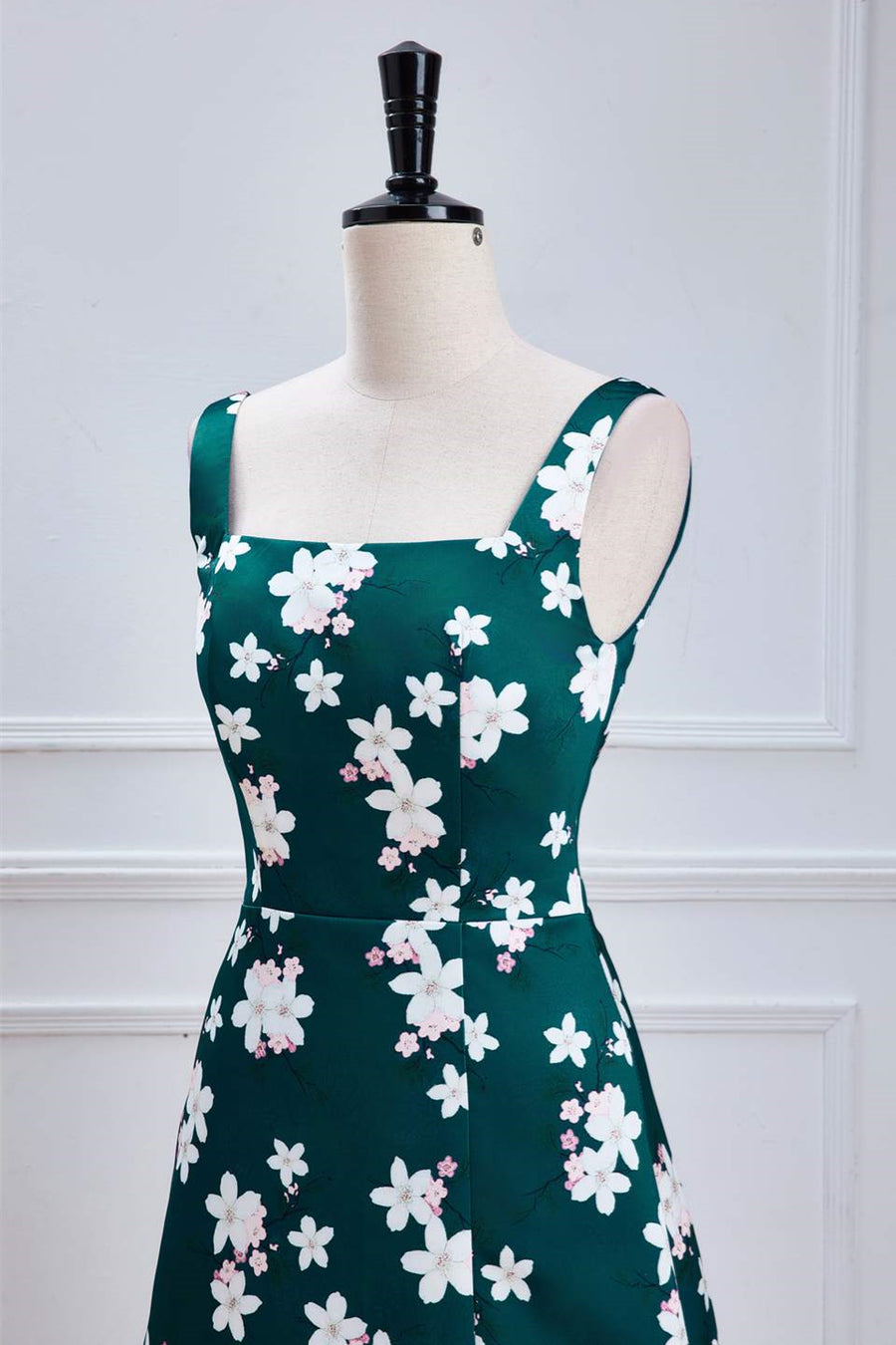 Green Floral Prints A-line Long Bridesmaid Dress with Slit