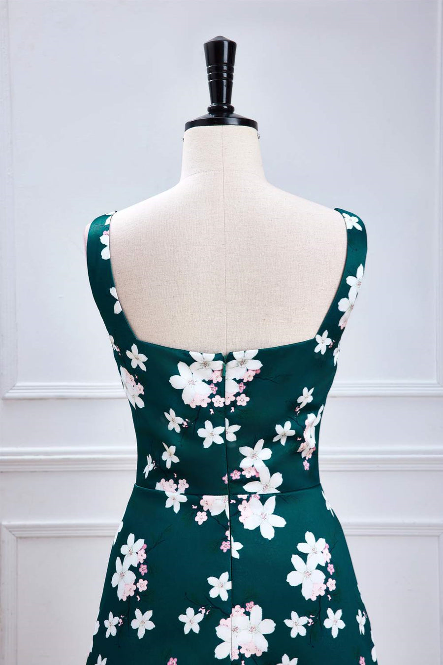 Green Floral Prints A-line Long Bridesmaid Dress with Slit