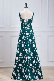 Green Floral Prints A-line Long Bridesmaid Dress with Slit