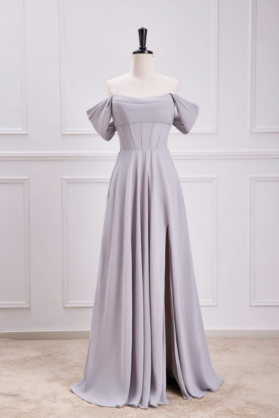 Grey Off-Shoulder A-line Chiffon Long Bridesmaid Dress with Slit Grey / US 6