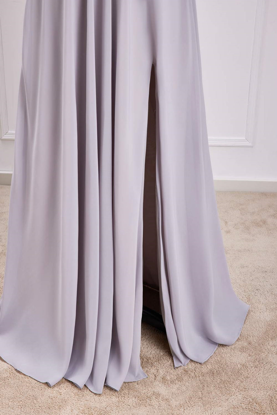Grey Off-Shoulder A-line Chiffon Long Bridesmaid Dress with Slit