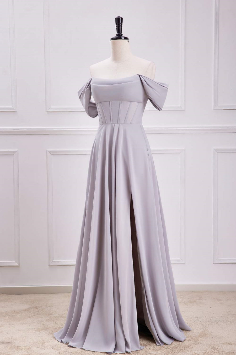 Grey Off-Shoulder A-line Chiffon Long Bridesmaid Dress with Slit