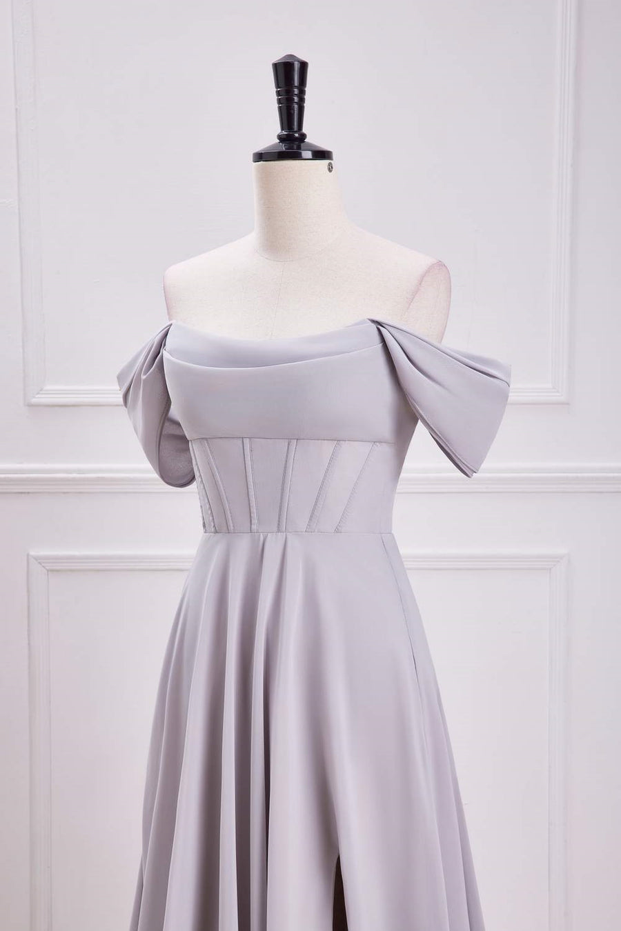 Grey Off-Shoulder A-line Chiffon Long Bridesmaid Dress with Slit