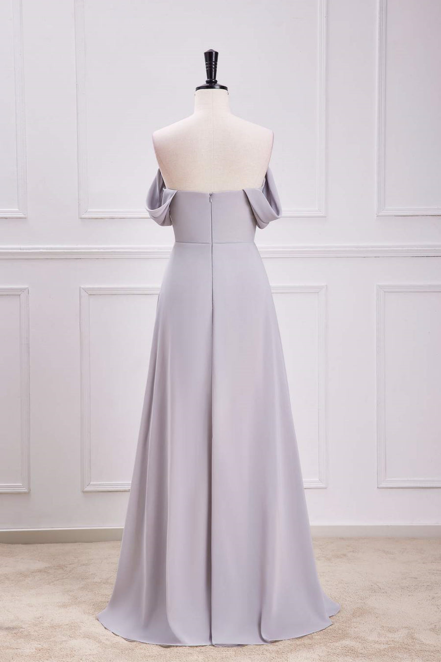 Grey Off-Shoulder A-line Chiffon Long Bridesmaid Dress with Slit