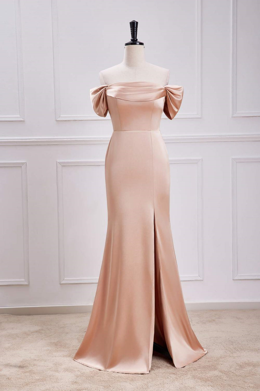 Champagne Off-Shoulder Mermaid Long Bridesmaid Dress with Slit