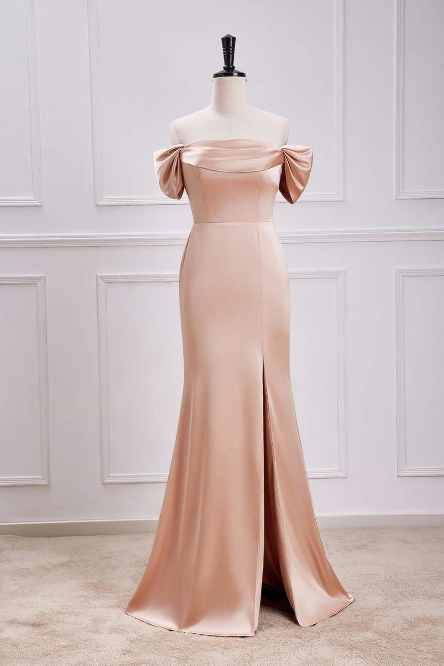 Champagne Off-Shoulder Mermaid Long Bridesmaid Dress with Slit Champagne / US 8 Champagne Off-Shoulder Mermaid Long Bridesmaid Dress with Slit Champagne / US 8