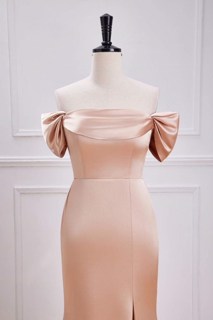 Champagne Off-Shoulder Mermaid Long Bridesmaid Dress with Slit