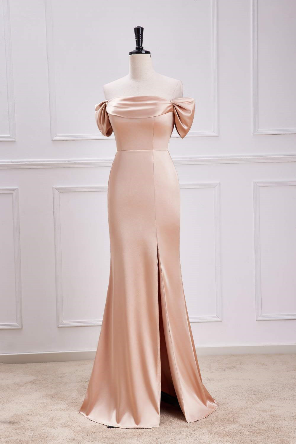 Champagne Off-Shoulder Mermaid Long Bridesmaid Dress with Slit Champagne / US 8 Champagne Off-Shoulder Mermaid Long Bridesmaid Dress with Slit Champagne / US 8