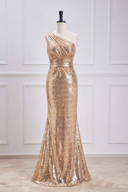 Champagne One Shoulder Sequins Mermaid Long Prom Dress