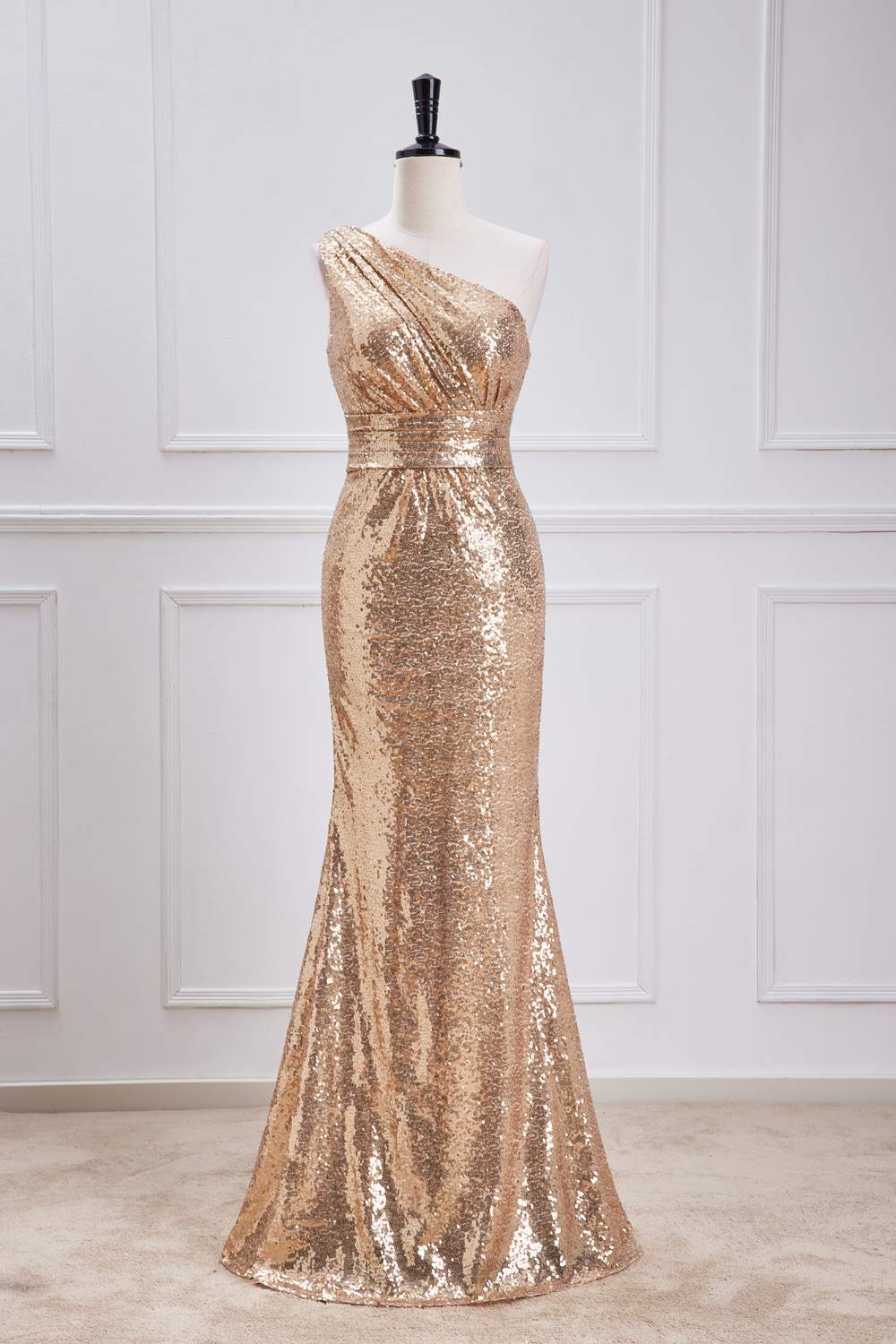 Champagne One Shoulder Sequins Mermaid Long Prom Dress Champagne / Custom Size