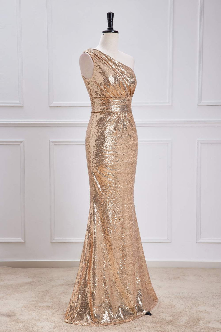 Champagne One Shoulder Sequins Mermaid Long Prom Dress