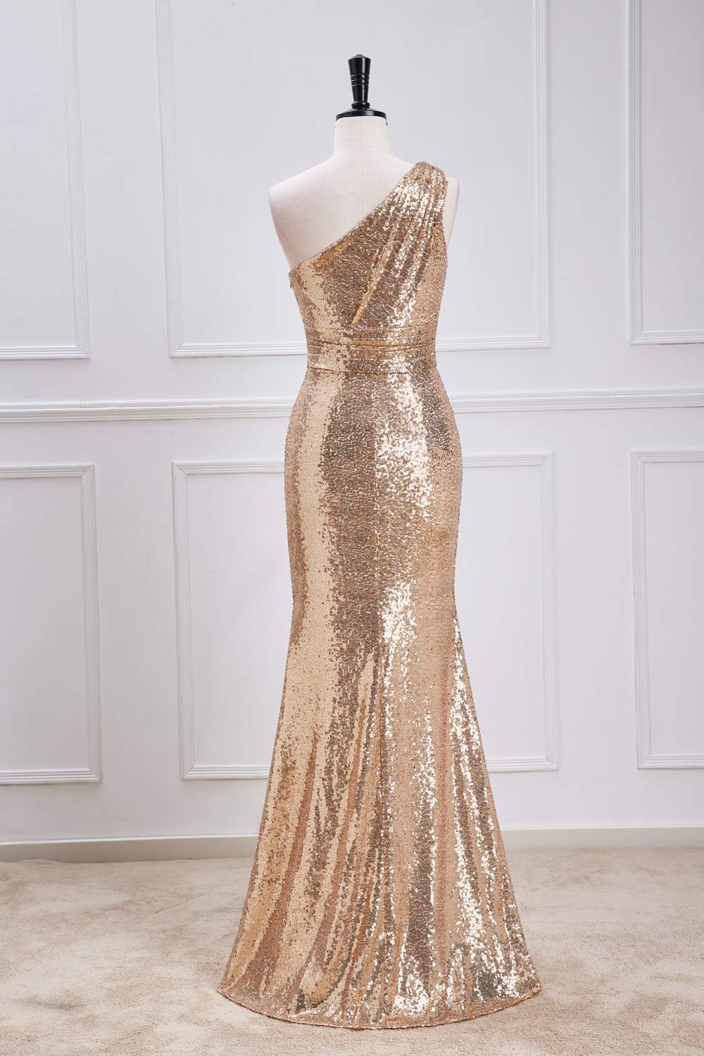 Champagne One Shoulder Sequins Mermaid Long Prom Dress Custom Color / US 8