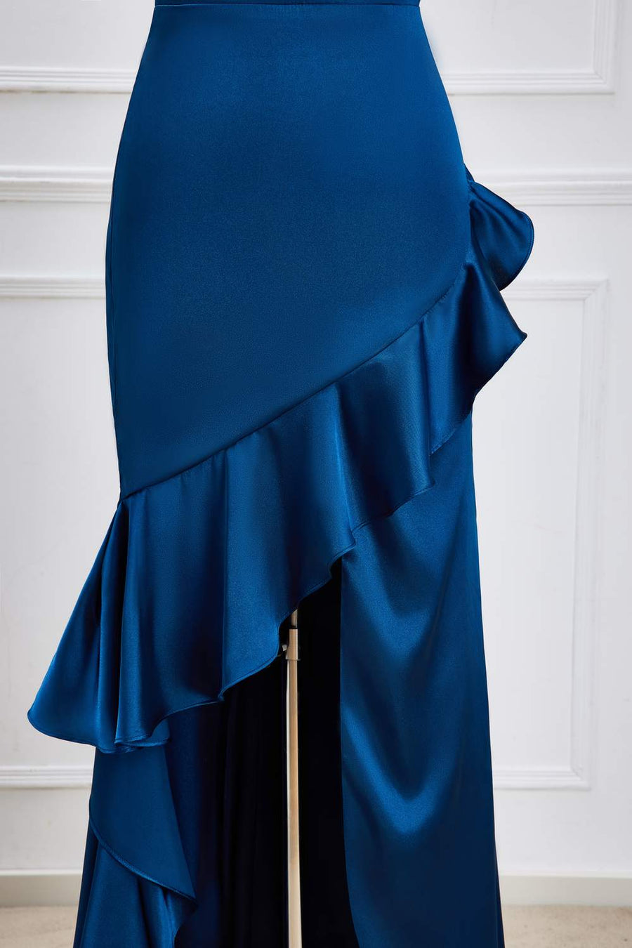 Blue One Shoulder Mermaid Ruffled Hi-Low Bridesmaid Dress