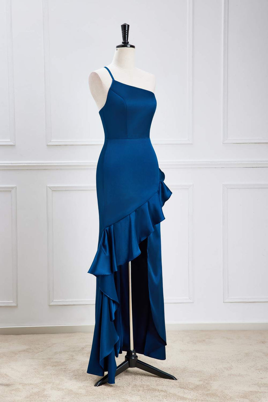 Blue One Shoulder Mermaid Ruffled Hi-Low Bridesmaid Dress