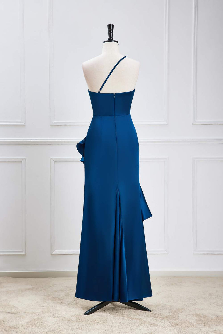Blue One Shoulder Mermaid Ruffled Hi-Low Bridesmaid Dress