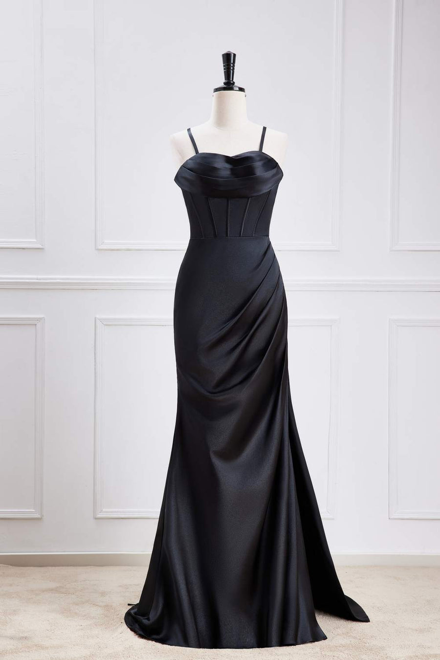 Black Spaghetti Straps Mermaid Satin Long Bridesmaid Dress with Slit Black / US 16 Black Spaghetti Straps Mermaid Satin Long Bridesmaid Dress with Slit Black / US 16