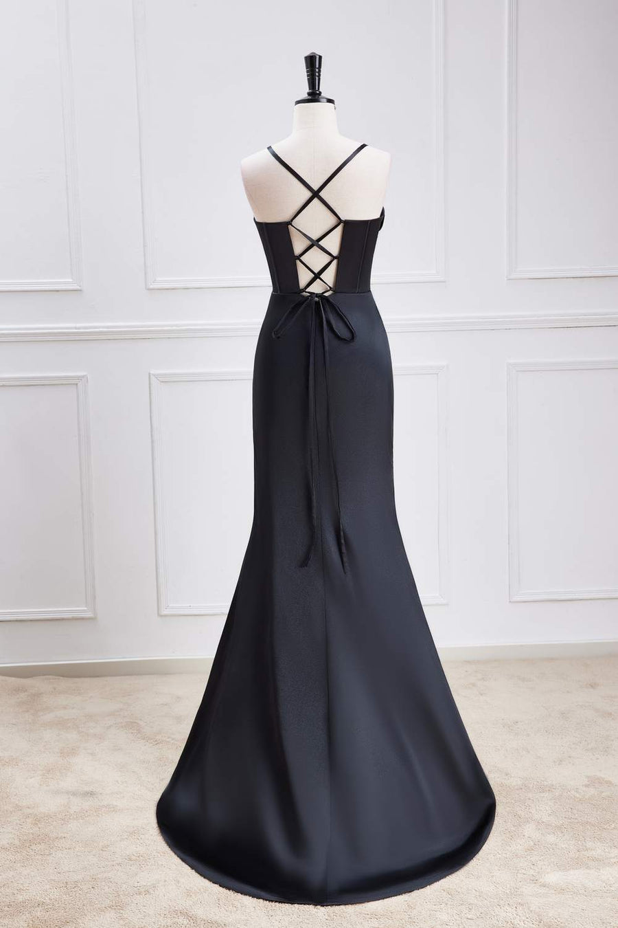 Black Spaghetti Straps Mermaid Satin Long Bridesmaid Dress with Slit Black / US 16 Black Spaghetti Straps Mermaid Satin Long Bridesmaid Dress with Slit Black / US 16