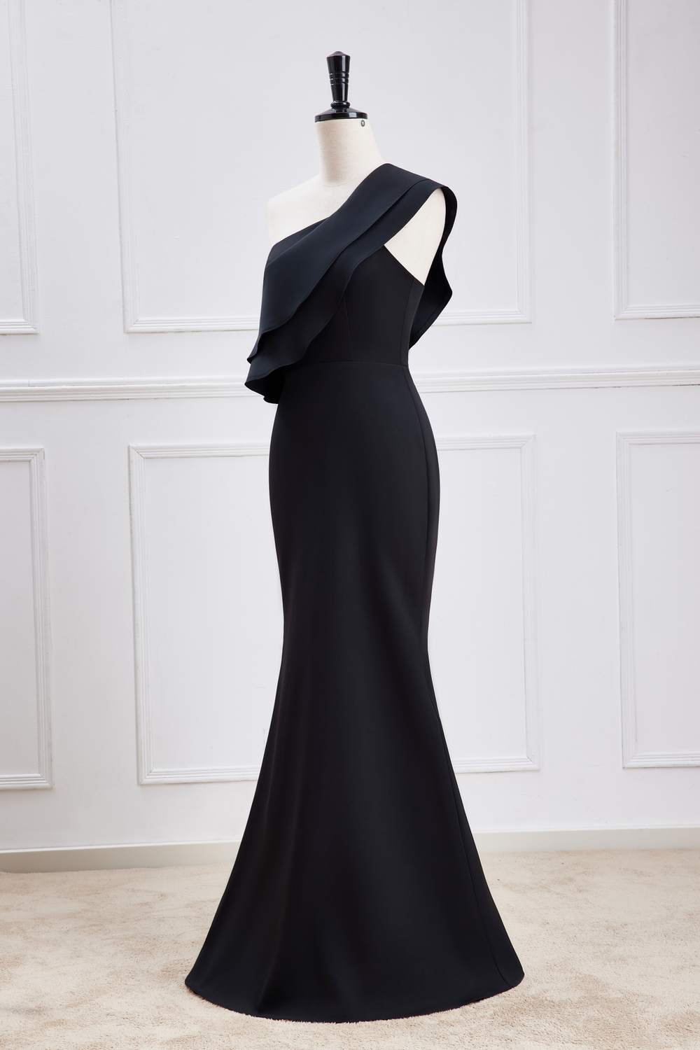 Black Ruffled One Shoulder Mermaid Long Bridesmaid Dress Custom Color / US 2