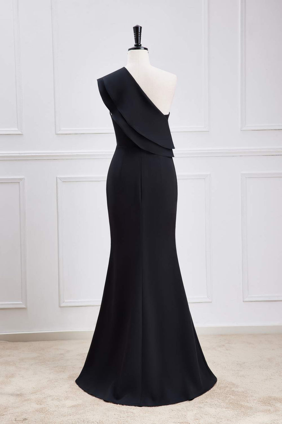 Black Ruffled One Shoulder Mermaid Long Prom Dress