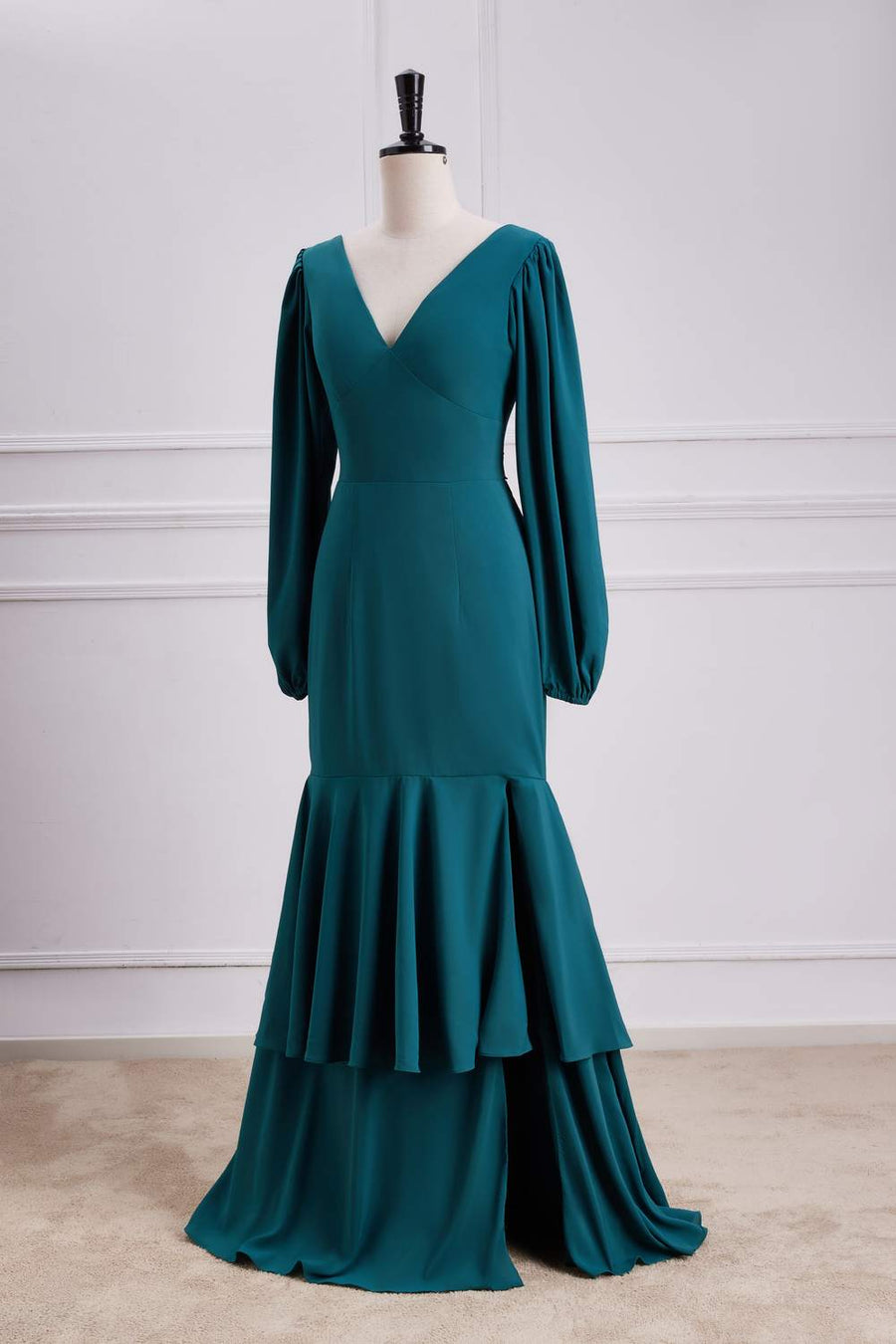 Teal Long Sleeves V Neck Mermaid Layers Long Bridesmaid Dress with Slit Teal / Custom Size Teal Long Sleeves V Neck Mermaid Layers Long Bridesmaid Dress with Slit Teal / Custom Size