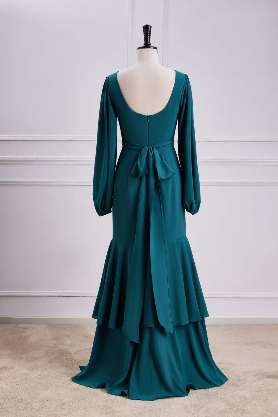 Teal Long Sleeves V Neck Mermaid Layers Long Bridesmaid Dress with Slit Teal / US 6