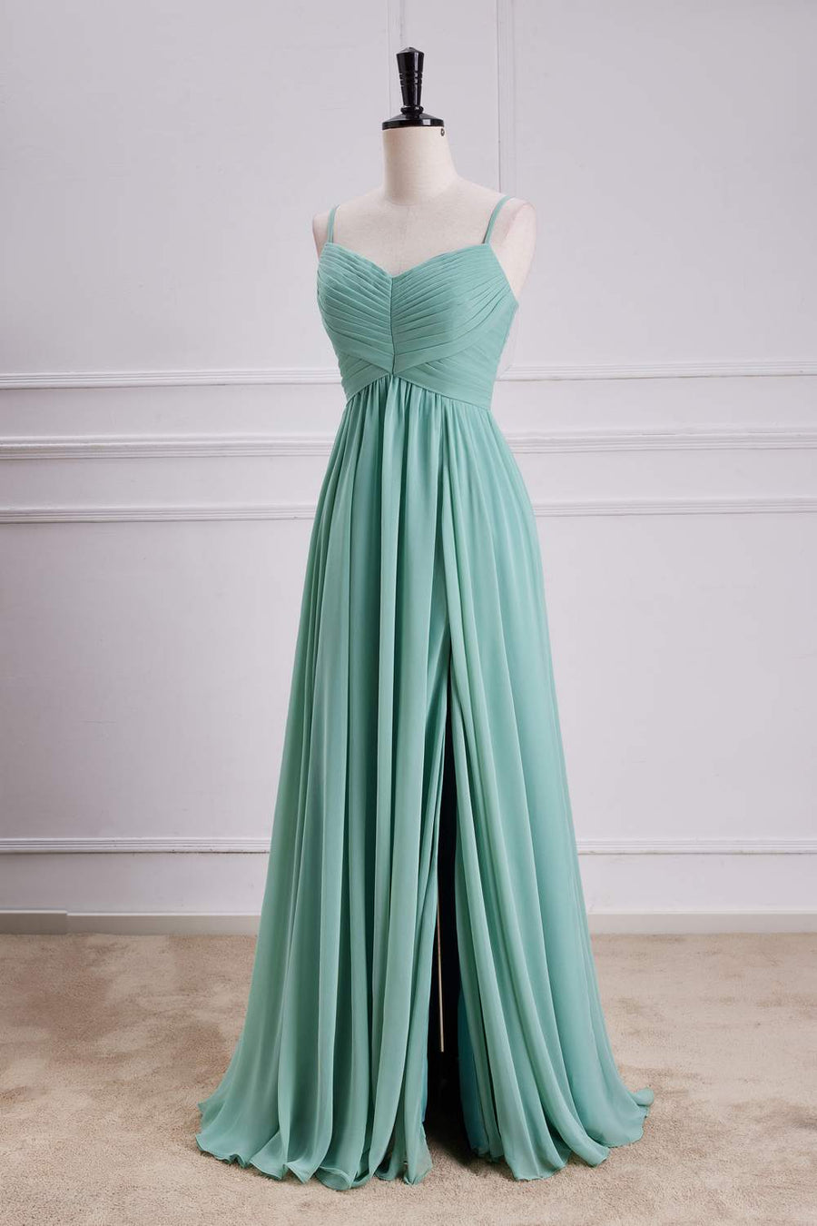 Sage Green Spaghetti Straps A-line Long Bridesmaid Dress with Slit | Joyofdress Sage Green Spaghetti Straps A-line Long Bridesmaid Dress with Slit | Joyofdress