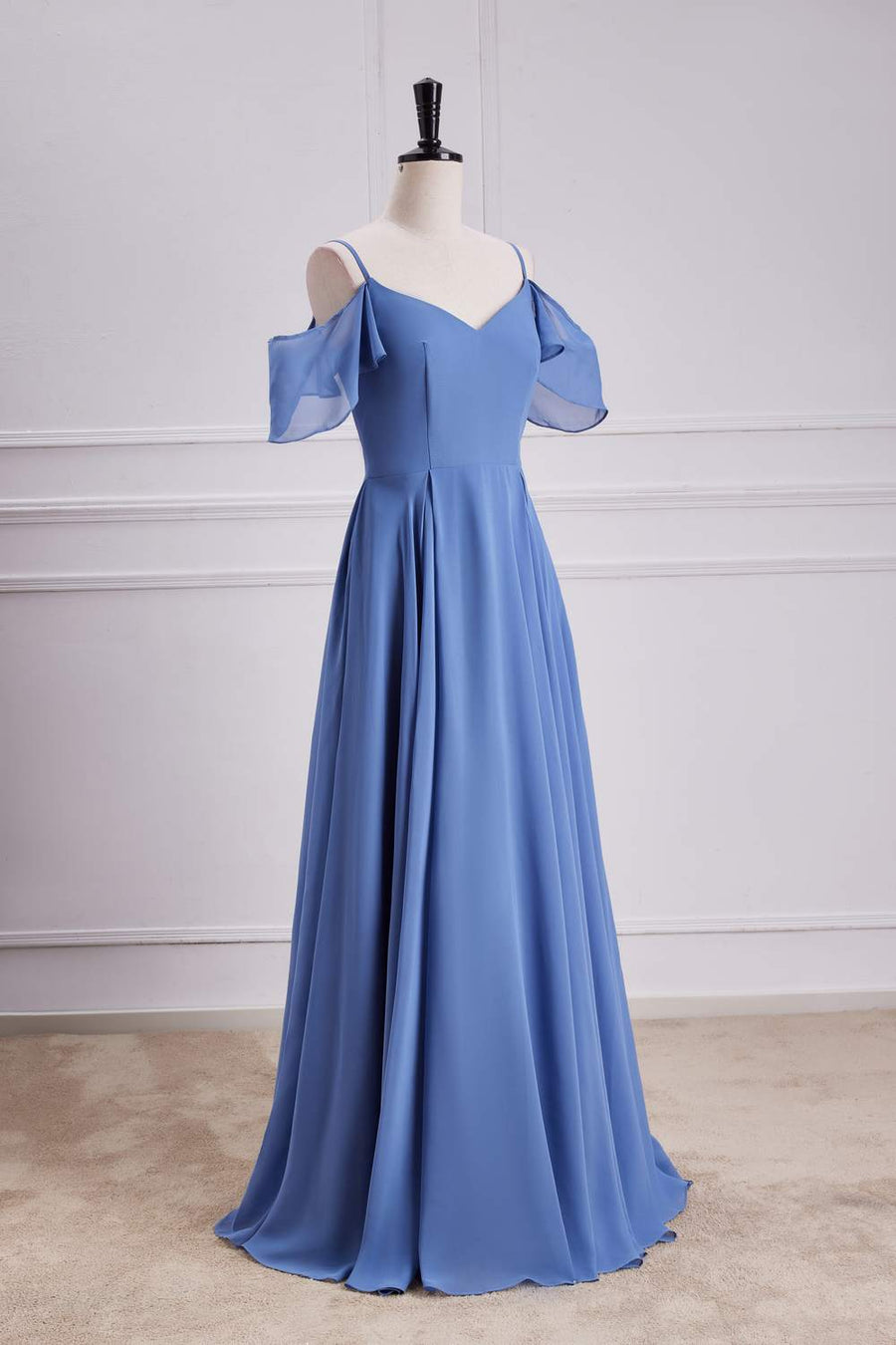 Blue Cold Shoulder A-line Long Bridesmaid Dress