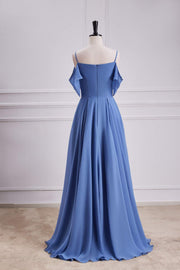 Blue Cold Shoulder A-line Long Bridesmaid Dress