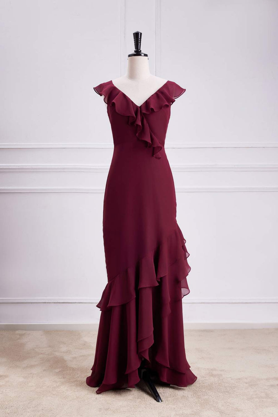wine colored dress bridesmaid Wine Red Flaunt Sleeves Surplice A-line Long Bridesmaid Dress with Sash Custom Color / US 8