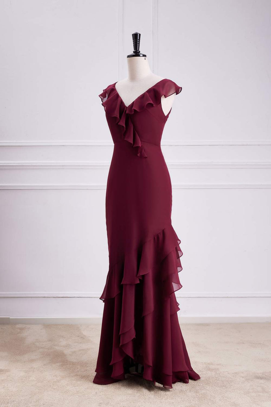 Wine Red Ruffled Mermaid Layers Long Bridesmaid Dress Custom Color / Custom Size