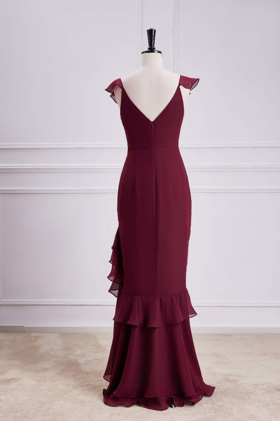 Wine Red Ruffled Mermaid Layers Long Bridesmaid Dress Wine Red / US 2 Wine Red Ruffled Mermaid Layers Long Bridesmaid Dress Wine Red / US 2
