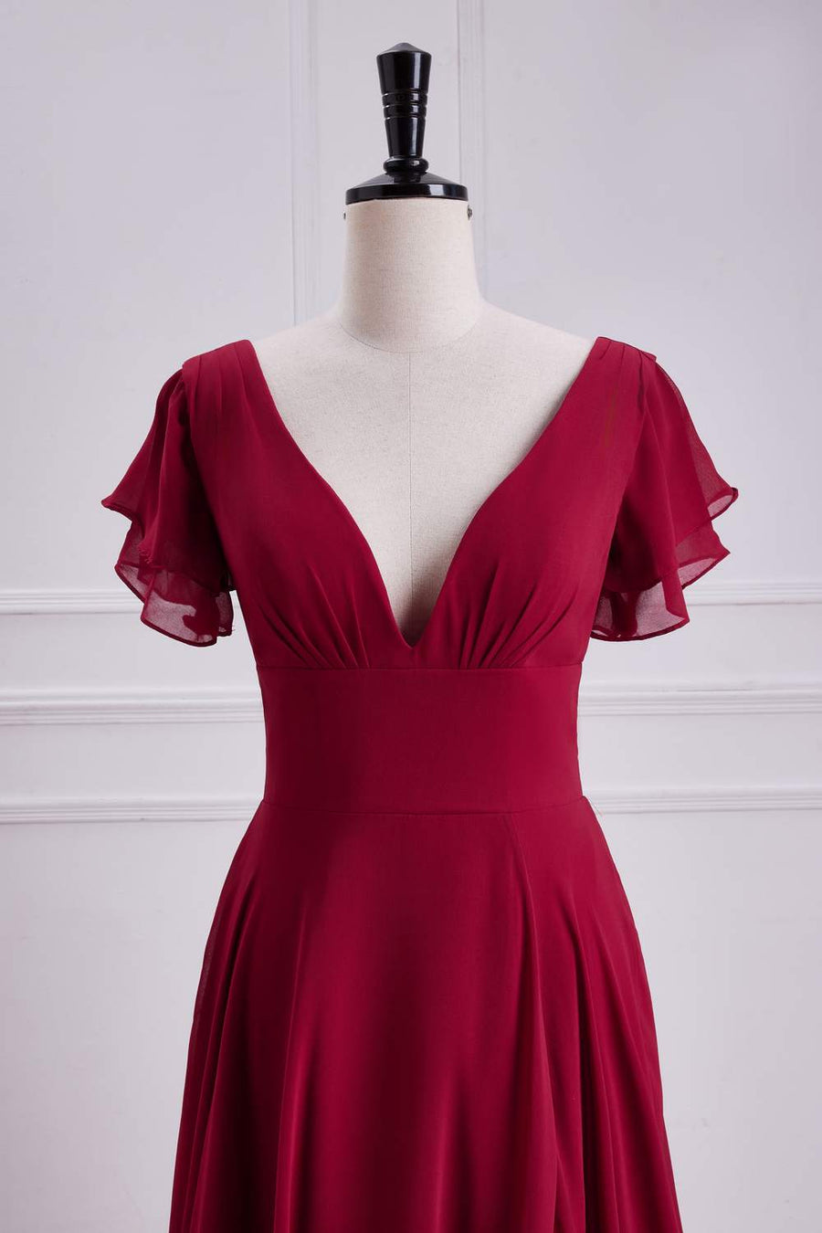 Red Flaunt Sleeves V Neck A-line Long Bridesmaid Dress with Slit