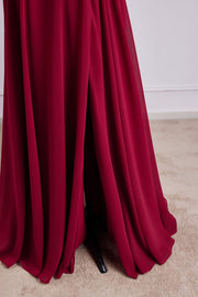 Red Flaunt Sleeves V Neck A-line Long Bridesmaid Dress with Slit