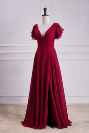 Red Flaunt Sleeves V Neck A-line Long Bridesmaid Dress with Slit