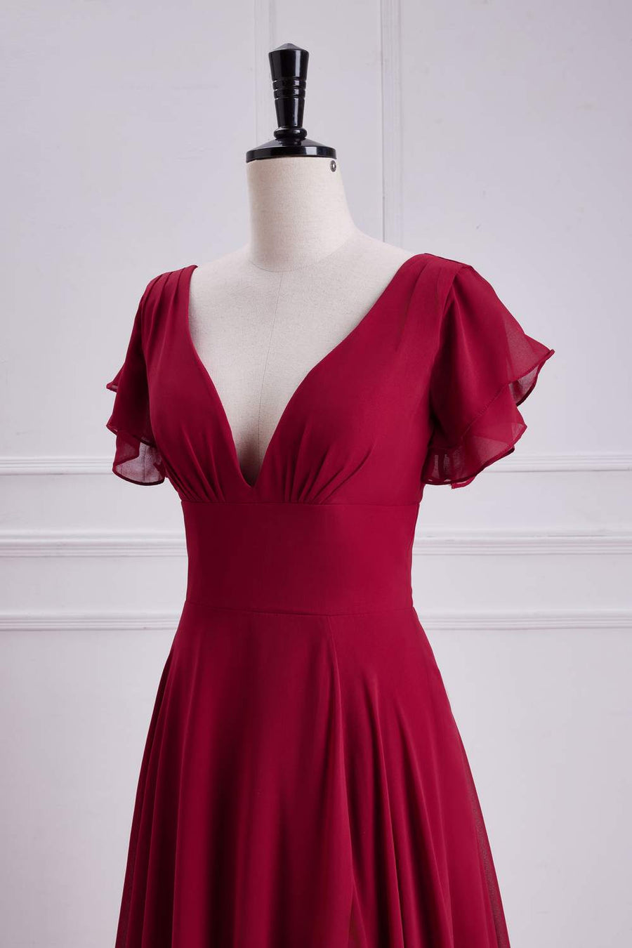 Red Flaunt Sleeves V Neck A-line Long Bridesmaid Dress with Slit