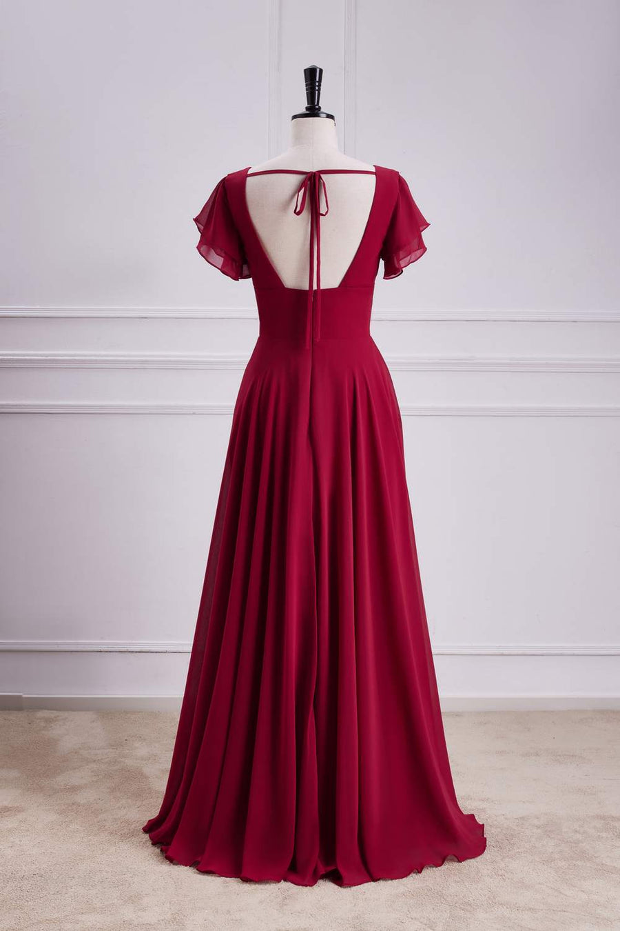 Red Flaunt Sleeves V Neck A-line Long Bridesmaid Dress with Slit