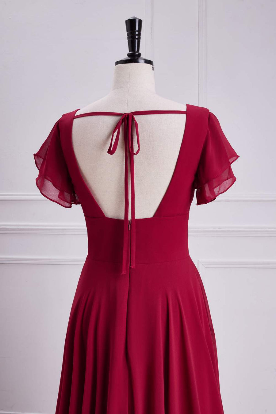 Red Flaunt Sleeves V Neck A-line Long Bridesmaid Dress with Slit
