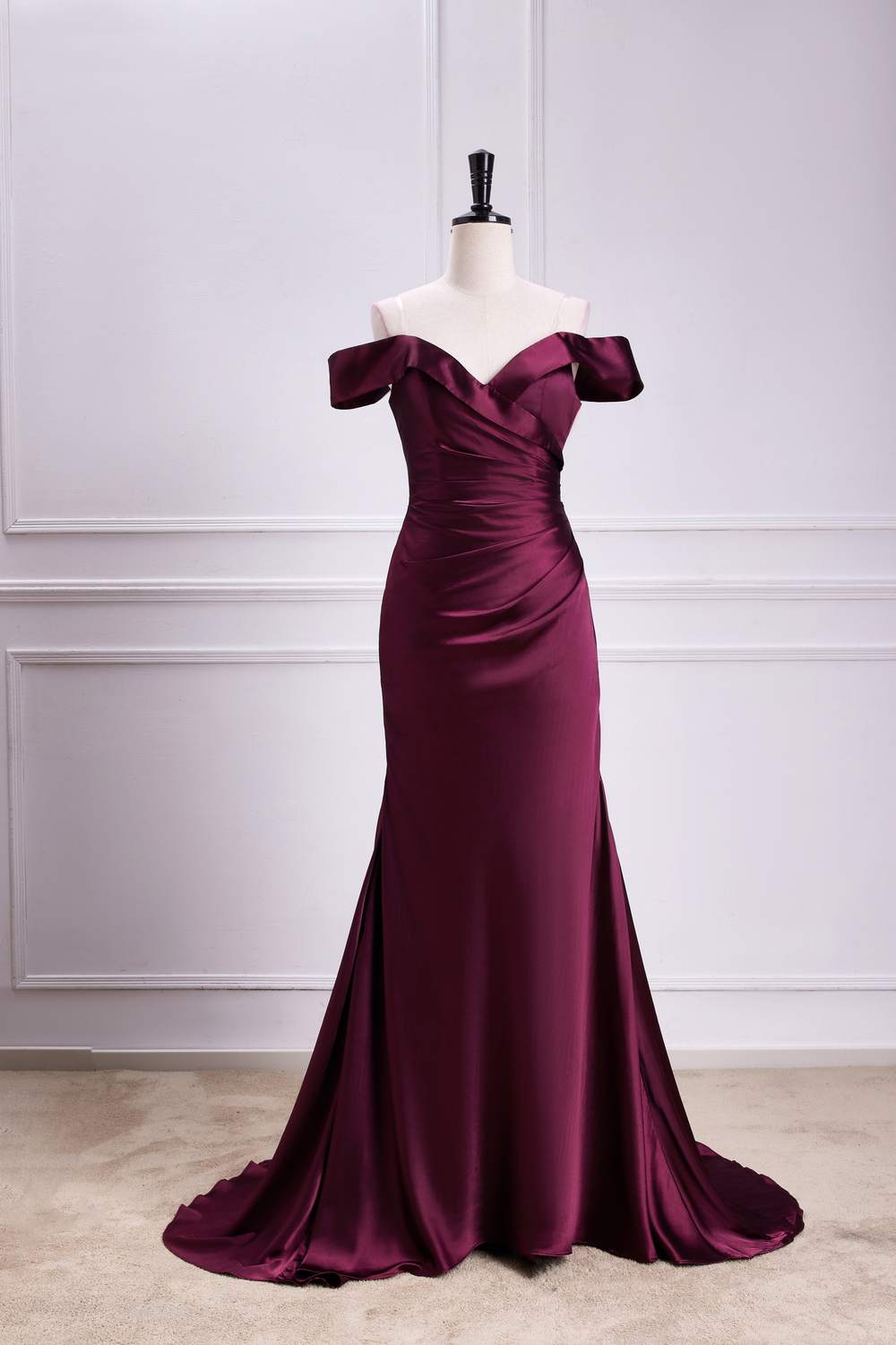 Raspberry Off-Shoulder Satin Mermaid Long Bridesmaid Dress Custom Color / US 16 Raspberry Off-Shoulder Satin Mermaid Long Bridesmaid Dress Custom Color / US 16