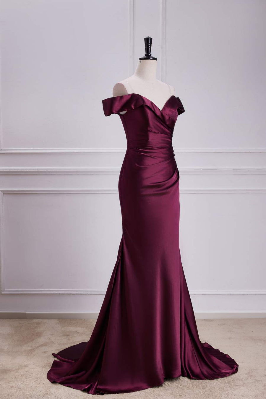 Raspberry Off-Shoulder Satin Mermaid Long Bridesmaid Dress Custom Color / US 16 Raspberry Off-Shoulder Satin Mermaid Long Bridesmaid Dress Custom Color / US 16