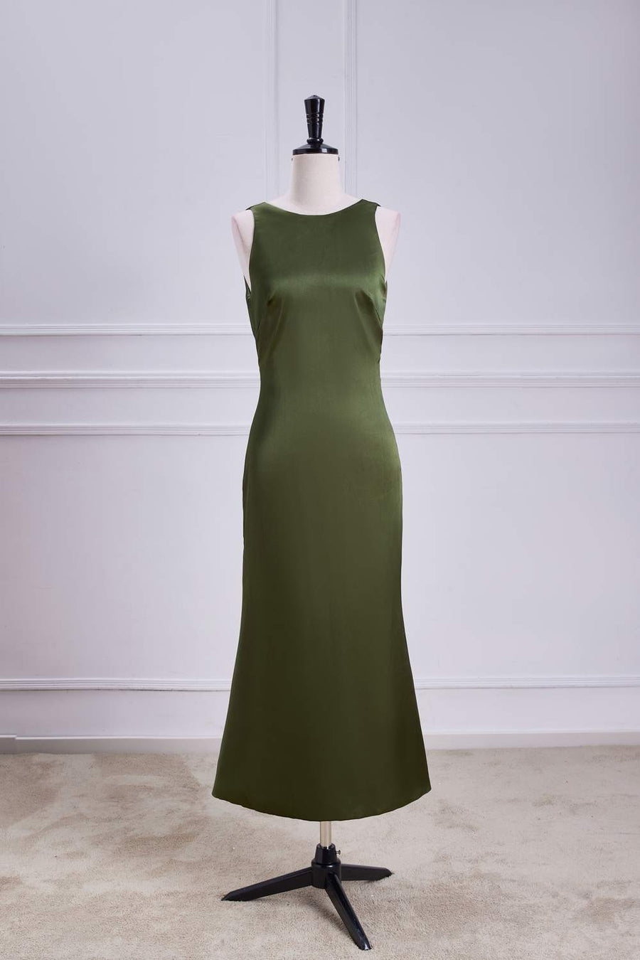 Olive Sleeveless Mermaid Satin Bow Tie Calf-Length Bridesmaid Dress | Joyofdress Olive Sleeveless Mermaid Satin Bow Tie Calf-Length Bridesmaid Dress | Joyofdress