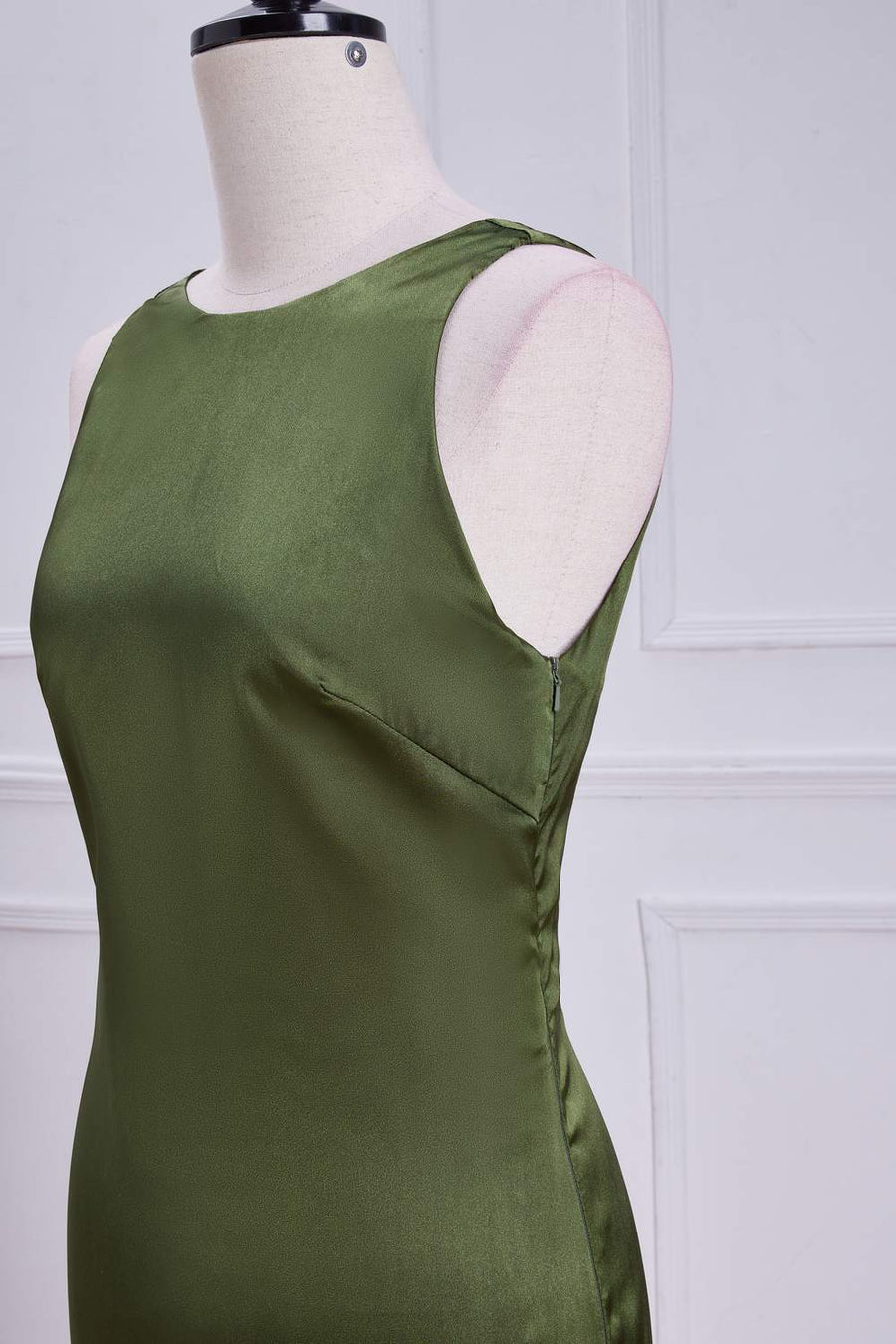Olive Sleeveless Mermaid Satin Bow Tie Calf-Length Bridesmaid Dress