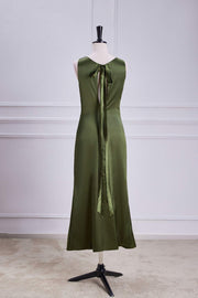 Olive Sleeveless Mermaid Satin Bow Tie Calf-Length Bridesmaid Dress
