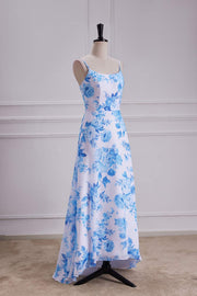 Blue Floral Spaghetti Straps A-line Long Bridesmaid Dress