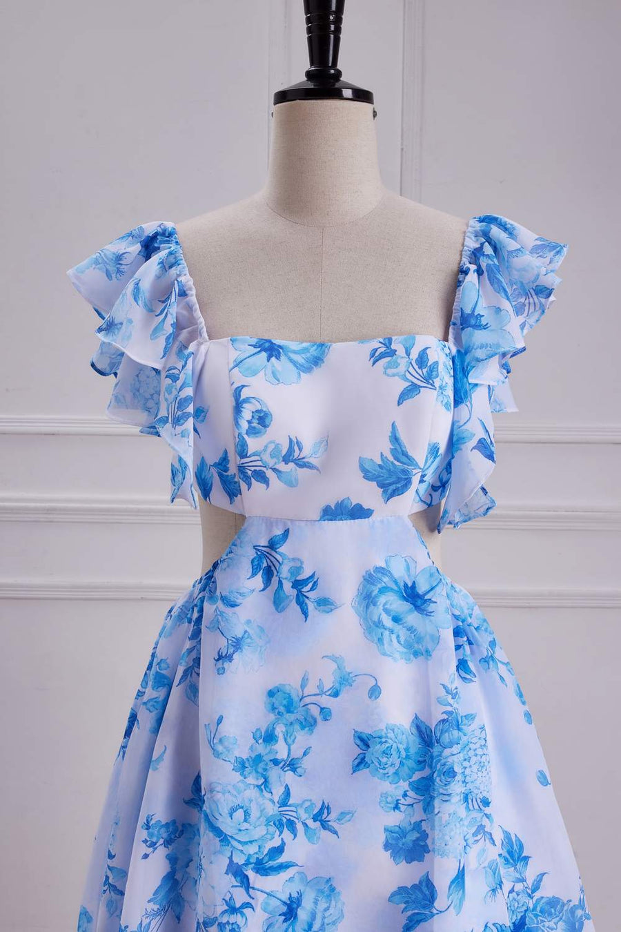 Blue Floral Flutter Sleeves A-line Layers Bow Tie Long Bridesmaid Dress
