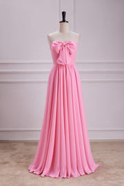 Candy Pink Strapless A-line Long Bridesmaid Dress with Bow