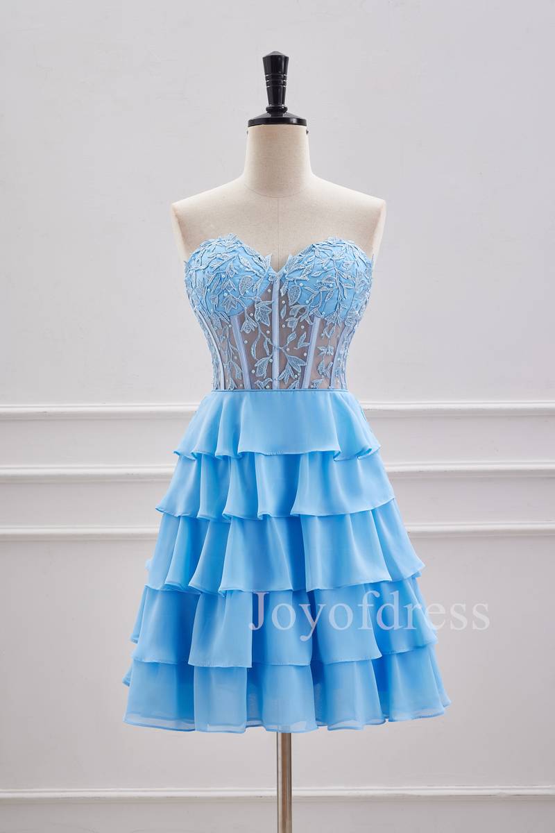 Strapless Blue Sheer Corset A-Line Ruffle Homecoming Dress | Joyofdress Strapless Blue Sheer Corset A-Line Ruffle Homecoming Dress | Joyofdress
