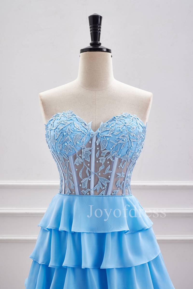 Strapless Blue Sheer Corset A-Line Ruffle Homecoming Dress